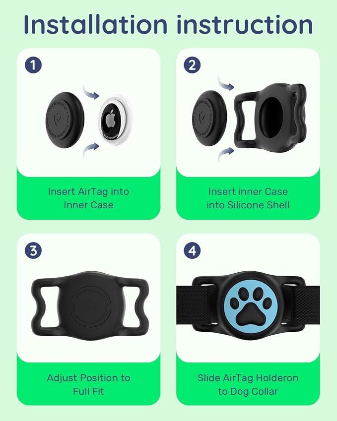 IP68 Waterproof Dog AirTag Holder for Dog Collar, Soft, Stretchy Silicone | Full-Body Protection, Easy Tool-Free Installation, Quiet, No-Dangle Fit, Lightweight, Fits Dog & Cat Collars of All Widths