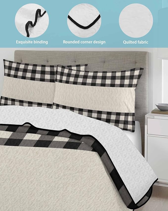 Quilts King Size, Retro Black Soft Comforter Bedding Set for Bed, Farmhouse Buffalo Plaid Vintage Beige Lightweight Quilted Bedspread with Pillow Cover(2 Pieces) for All Season, 96x106 Inch