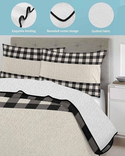 Quilts Queen Size Bedding Set, Retro Black Lightweight Summer Quilt 3 Pieces Bedding Sets, Farmhouse Buffalo Plaid Vintage Beige Reversible Soft Bedspreads Coverlets with 2 Pillow Shams for All Season