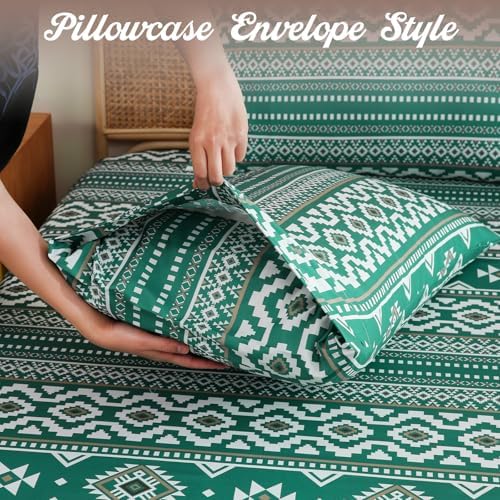 CozySmile 4 Pieces Queen Sheet Set Bohemian, Boho Sheets Soft Microfiber Deep Pocket, Western Sheets Geometric(Queen, Emerald Green)