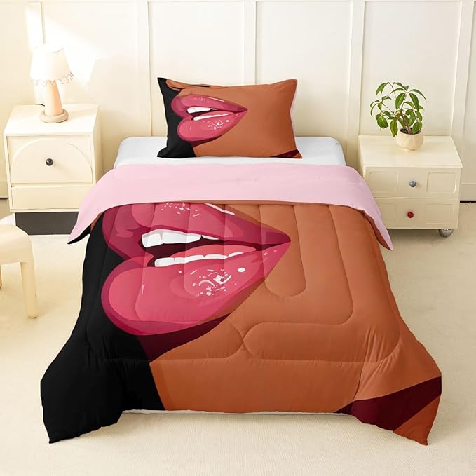 Erosebridal Black Girls Pink Bedding Set for Kids African Black Women Twin Comforter Set Vogue Fashion Gorgeous Duvet Insert for Girls Women Teens Minimalist Romantic Makeup Quilt with 1 Pillow Case
