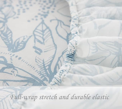 DAUAOTO Cotton Sheets Set Queen Size 4 Pieces Flower Bedding Sets, Aqua Blue Floral Pattern, Up to 14" Deep