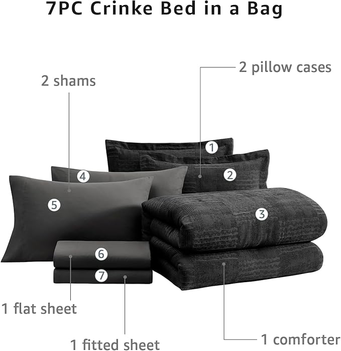 MaiRêve King Comforter Set Black, Textured Design Crinkle Bedding Sets 7 Pieces, All Season Bed in A Bag with Comforter, Sheets, Pillowcases & Shams