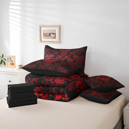 Erosebridal Gothic Damask 7 Piece Comforter Set Full Bed in a Bag,Sun Moon Tree of Life Bedding Sets Red Black Victorian Floral Goth Sheet Set with Comforter