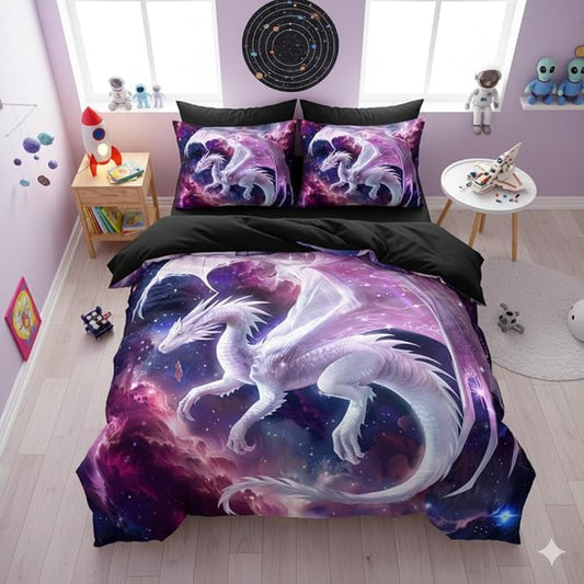 Kids Pink Dragon Comforter Set Full Size Castle Fairy Tale Bedding Set with Galaxy Outer Space Universe for Girls Teens 3 Pcs 3D Animals Quilt Set, 79"x90"