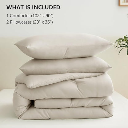 CozyLux Beige King Size Comforter Set, 3 Pieces Solid Breathable Quilted Style Bedding Sets, Luxury Fluffy Soft Bed Set with Down Alternative Comforter for All Season (1 Comforter & 2 Pillowcases)