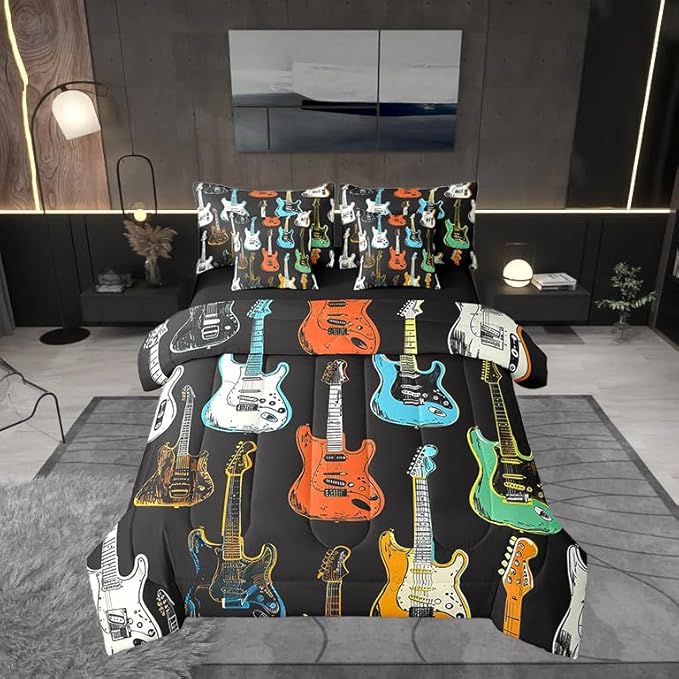 Castle Fairy Sketch Guitar Bass Comforter Set,Musical Instrument 7 Piece Bed Set Full Size for Kids,Modern Music Lover Bed in a Bag Bedding Set with Comforter,Sheet Set,Pillowcases,Pillow Covers
