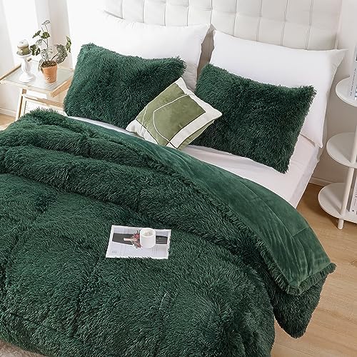 Smoofy Fluffy Queen Comforter Set, Dark Green Faux Fur Comforter Set 3 Pcs