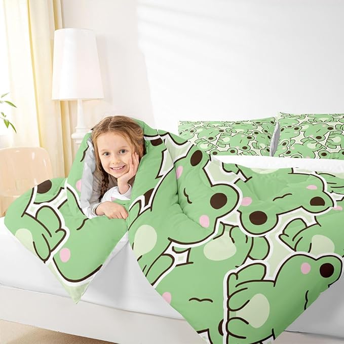 Erosebridal Kawaii Frogs Comforter Set Queen Size, Cartoon Frog Bedding Set for Kids Boys Girls Teens, Green Wild Animals Farmhouse Down Comforter, Cute Wildlife Rustic Funny 3Pcs Duvet Insert