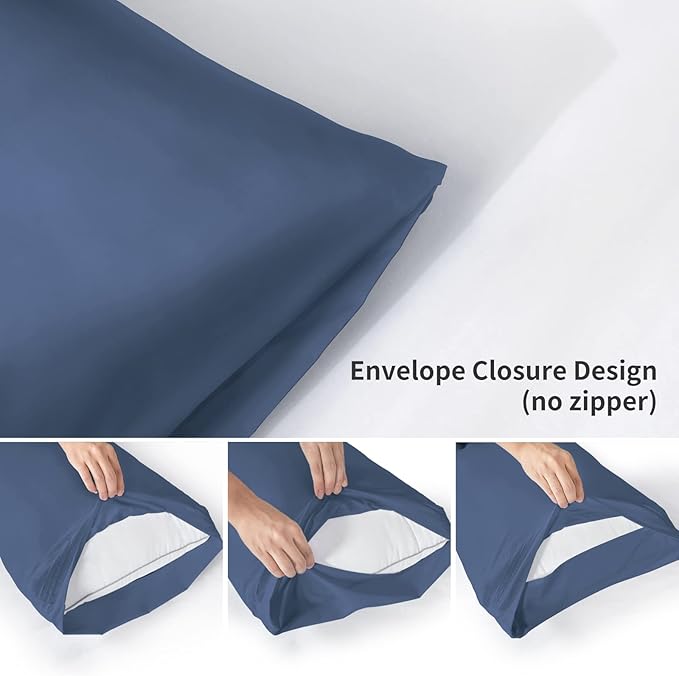 YIYEA Pillow Cases Queen Size Set of 4, Ultra Soft 1800TC Hotel Quality Double Brushed Microfiber Embroidered Pillowcases, Envelope Closure, Fade Resistant (20"x30", Denim)