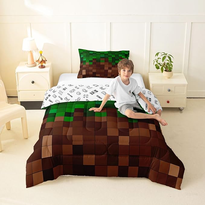 Manfei Pixelated Girls Bedding Set Twin Size,Patchwork Grid Video Games Comforter Set,Miners Lattice Simple Quilt Comforter Girls Boys Teens,Dark Green Brown Room Decor All Season,1 Pillowcase