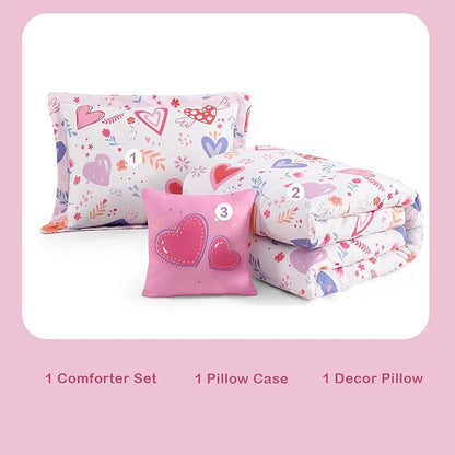 Twin Comforter Set for Girls-3 Pieces Heart Twin Bedding Set with 1 Comforter, 1 Decor Pillow, 1 Pillow Sham