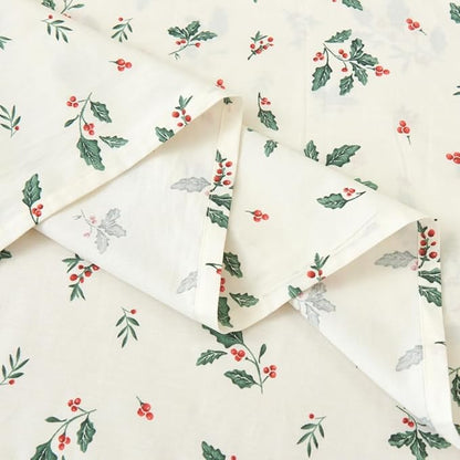 DAUAOTO 100% Cotton Bedding Christmas Printed Sheets Set for Full Size Bed Up to 14" Deep Mattress, Bedlinen Sets Holly Berries Pattern