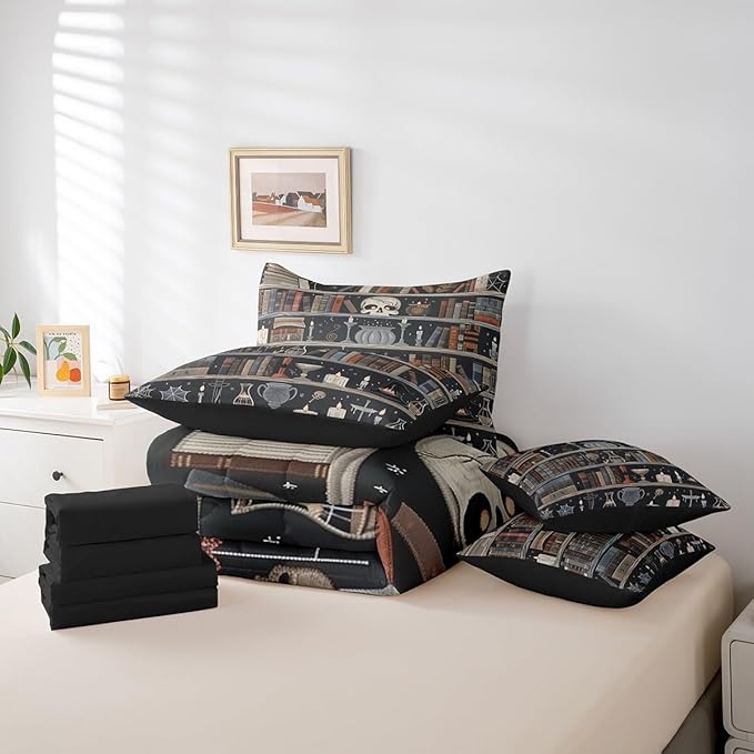 Feelyou Magic Bookshelf Comforter Set 7 Pieces King Size Vintage Library Bedding Set for Boys Girls Book Skull Bed in a Bag with Comforter, Sheets, Pillowcases & Cushion Covers