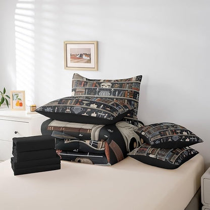 Feelyou Magic Bookshelf Comforter Set 7 Pieces King Size Vintage Library Bedding Set for Boys Girls Book Skull Bed in a Bag with Comforter, Sheets, Pillowcases & Cushion Covers