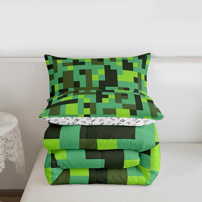 Pixel Grid Miners Kids Comforter Set Queen Size,Geometric Grid Patchwork Pixelated Bedding Set,Boys Room Decor,Gamepad Video Games Quilt Comforter,Cyan Green Duvet Set Bedroom Quilt Set,2 Pillowcases