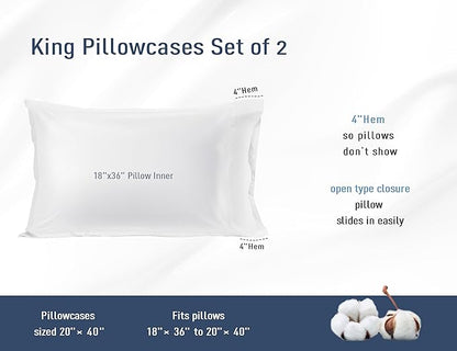 Pillow Cases, King Size Cotton Percale Weave Pillowcases, Pre-Shrunk Breathable and Hypoallergenic Pillowcases, Set of 2 (2 Piece King 20 Inch x 40 Inch, White)