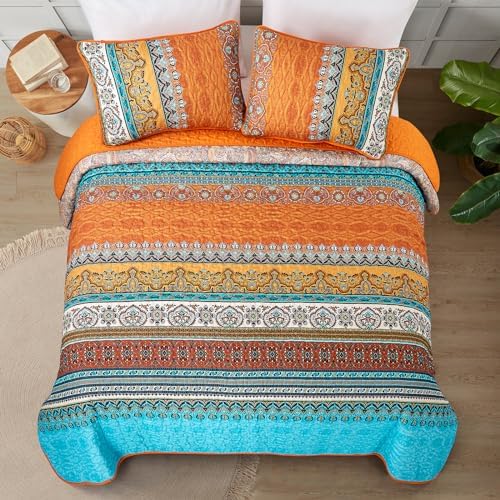 WONGS BEDDING Orange Quilt Queen Size, Boho Stripe Bedding Set, 96"x90"