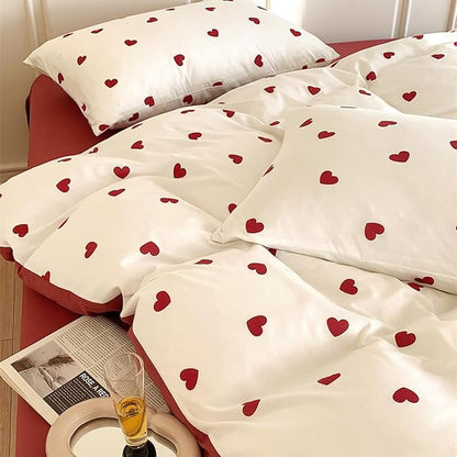 White Twin Comforter Set - Red Heart Quilt Bedding Set 2 Pieces, Comforter Set Twin Size, Soft & Lightweight Comforter(68‘’ x 90‘’) for Girl All Season & 1 Pillowcase(30‘’x20‘’)