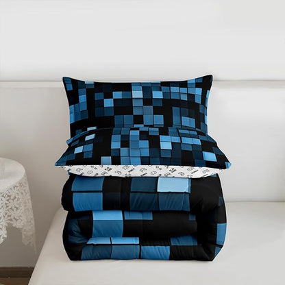 Pixelated Blocks Kids Bedding Set Queen Size,Patchwork Square Video Games Comforter Set，Geometric Patchwork Grid Quilt Comforter,Blue Bedroom Duvet Insert,2 Pillowcases