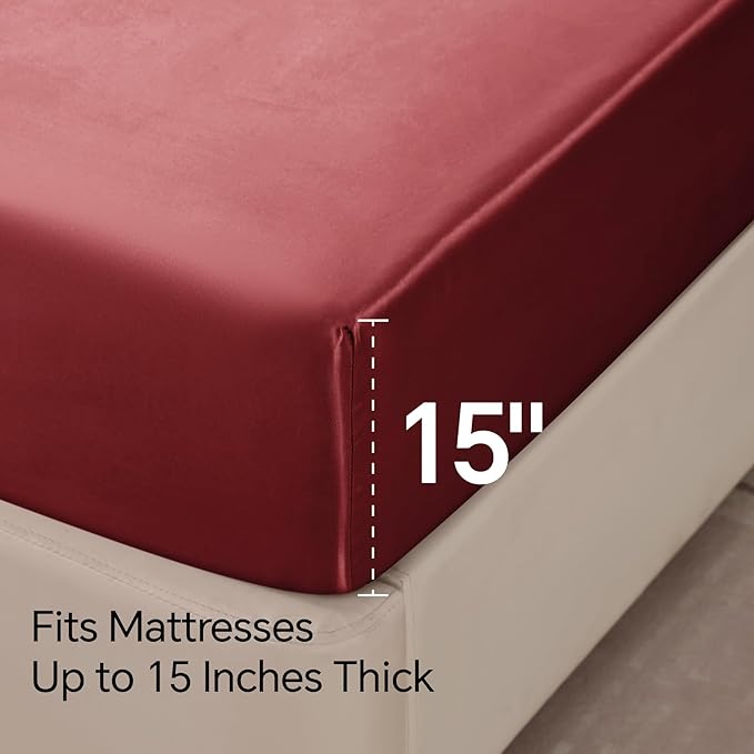 BEDELITE Satin Sheets Twin XL Size Bed Set, Luxury Soft Burgundy Silky Sheets for Hair and Skin, Similar to Silk Bed Sheets Set 3 Pieces （1 Deep Pocket Fitted Sheet, 1 Flat Sheet, and 1 Pillowcase）