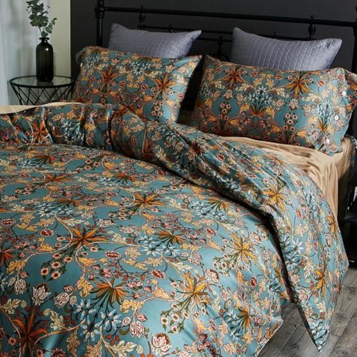 Vintage Flower Duvet Cover Full Percale Cotton Medallion Print Floral Bedding Set Full Farmhouse Bohemian Flower Comforter Cover with 2 Pillowcases Aesthetic Boho Duvet Cover with Zipper Closure