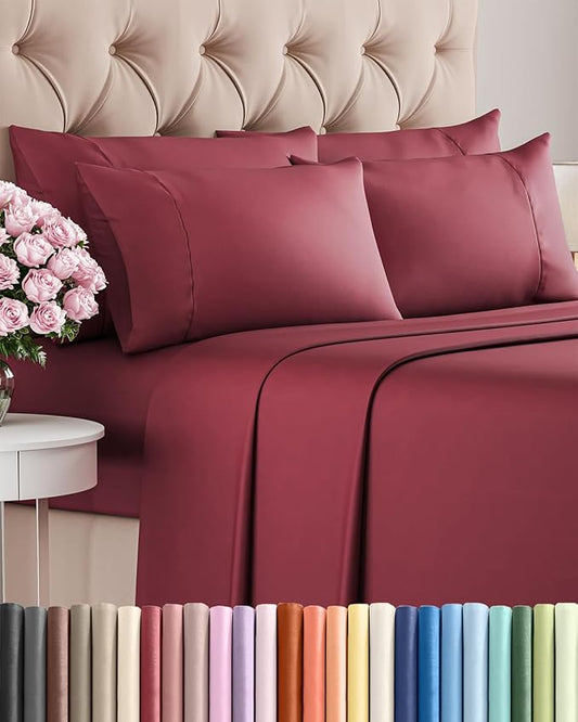 Cal King 6 Piece Sheet Set - Comfy Breathable & Cooling - Ultra-Soft Hotel Luxury Bedding Set w/ 8-16 Inch Deep Pockets - 1 Flat & 1 Fitted Sheet & 4 Pillowcases - Wrinkle Free & Easy Care - Burgundy