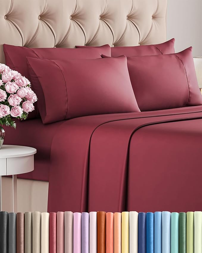 Queen 6 Piece Sheet Set - Comfy Breathable & Cooling - Ultra-Soft Hotel Luxury Bedding Set with 8-16 Inch Deep Pockets - 1 Flat & 1 Fitted Sheet & 4 Pillowcases - Wrinkle Free & Easy Care - Burgundy