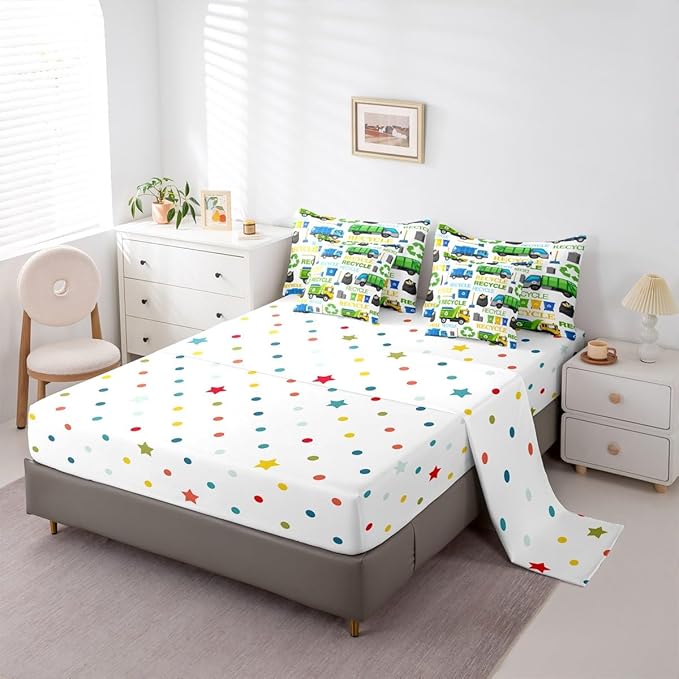 Castle Fairy Garbage Truck Twin Size Comforter Set with Sheets Recycling Trucks Decor Bedding Sets Cartoon Car Vehicle Trash Can Bedroom Dorm Decor Lightweight Bed Set All Season,7 Pcs