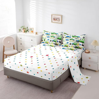 7 Pcs Garbage Truck Queen Size Bedding Sets Recycling Trucks Decor Comforter Set Cartoon Car Vehicle Trash Can Bed in a Bag with Comforter,Flat Sheet,Fitted Sheet,2 Pillowcases,2 Pillow Covers