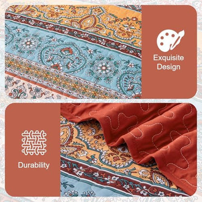 WONGS BEDDING Boho Quilt Queen Size,3 Pcs Bedspread Set, Burnt Orange