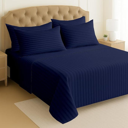 Mattress-Homes Ultra-Soft Breathable, Hotel Luxury Collection, Split King Size 7 Piece Crisp Sheet Set, 100% Egyptian Cotton, Extra Deep Pocket Upto 21", Machine Washable Sheets in Navy Blue Stripe
