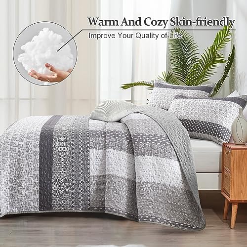WONGS BEDDING Grey Queen Size Quilt Set, Boho Striped Bedspread