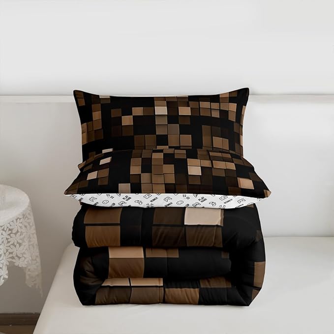 Pixel Grid Miners Comforter Set Full Size,Video Games Plaid Lattice Kids Bedding Set,Geometric Modern Check Quilt Comforter,Brown Duvet Insert,2 Pillowcases
