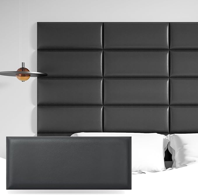 Art3d 6-Pack Peel and Stick Upholstered Headboard, 9.84 x 23.62 in, Black | Self Adhesive, Upholstered Padded Panels, Fits Multiple Bed Sizes, Sound Absorbing, Ideal for Bedroom