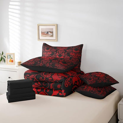 Erosebridal Gothic Damask 7 Piece Comforter Set Full Bed in a Bag,Halloween Bat Bedding Sets Red Black Victorian Floral Goth Sheet Set with Comforter