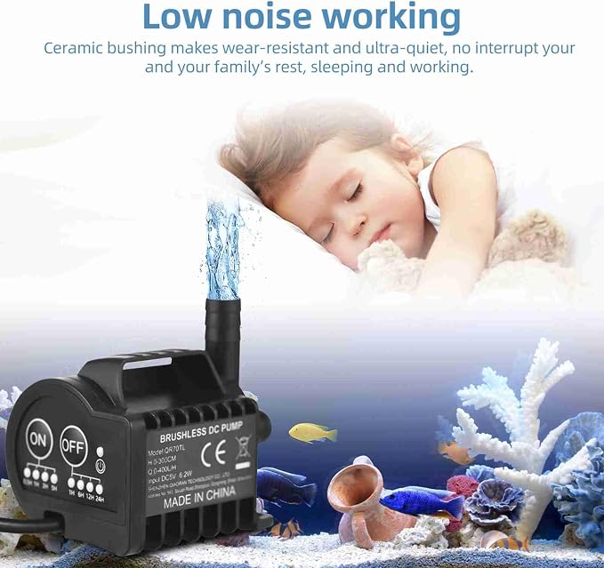 Smart Programmable Submersible Pump, Ultra Quiet 4 Gear Timer for Aquarium Fountain Pond Cooling System USB Powered Suction Cup Base Easy Setup