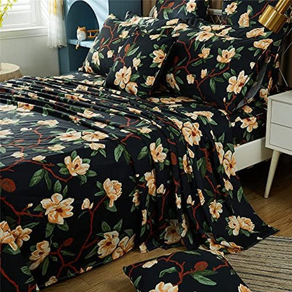 FADFAY Sheets Set Cal King Shabby Black and Yellow Floral Bedding Elegant Peony Sheets Vintage Farmhouse Bedding 100% Egyptian Cotton 800 Thread Count Deep Pocket Fitted Sheet, 4Pcs-California King