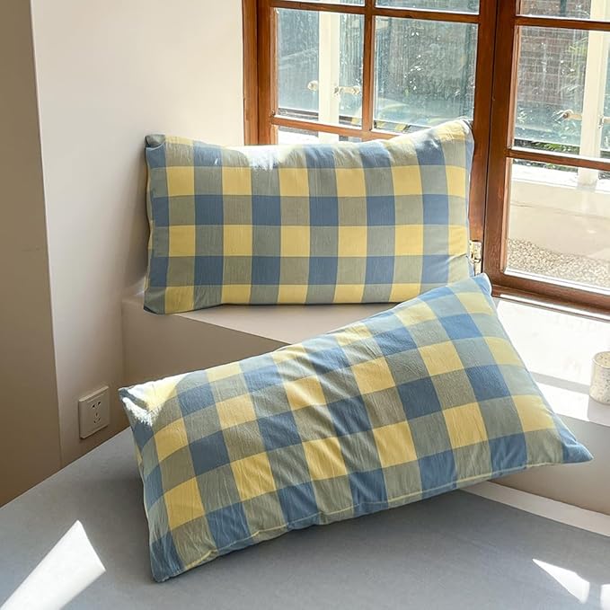 FACE TWO FACE Bedding Duvet Cover Set100% Washed Cotton Duvet Cover Linen Like Textured Breathable Durable Soft Comfy (King, Blue Yellow Grid)