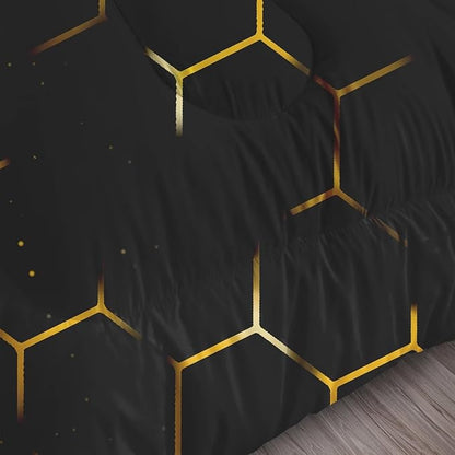 Black and Gold Comforter Set Full/Queen Size Geometric Honeycomb Bedding for Girls Boys Women Bedroom Decor Quilt Bed Sets, 1 Comforter 2 Pillowcases