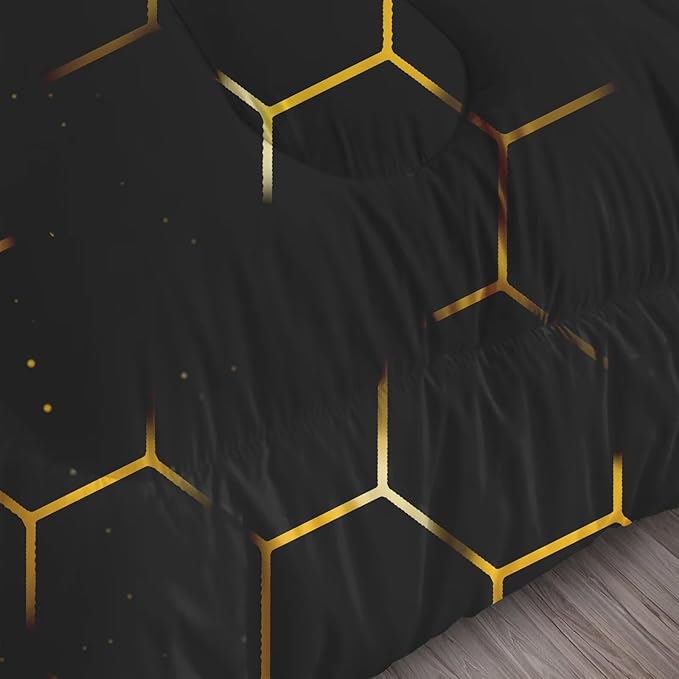 Geometric Comforter Set Twin Size Black and Gold Honeycomb Bedding for Kids Girls Boys Bedroom Decor Quilt Bed Sets, 1 Comforter 1 Pillowcase