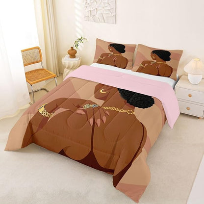 Erosebridal Fashion Black Woman Comforter Set King Size 3 Piece Romantic Makeup Themed Girls Bedding Set Fashionable Gorgeous Down Comforter Vogue Afro Girls Duvet Insert for Kids Teens Adult Bedroom