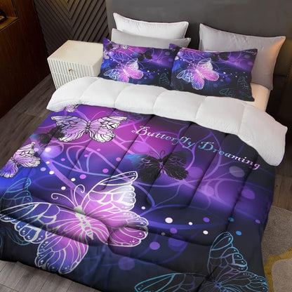 Sunnycitron 3D Purple Butterfly Bedding Queen Comforter Set Dreamy Butterfly Comforter Set for Girls Neon Butterflies Purple Bed Comforter (1 Comforter + 2 Pillowcases),Easy-Wash Fade Resistant