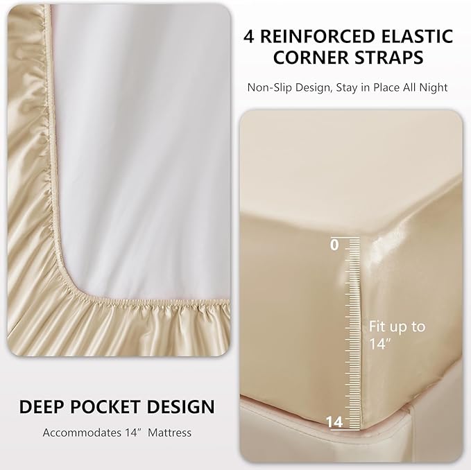 CozyLux Satin Sheets King Size Sheet Set - 4 Piece Silky King Sheets, Luxury Champagne King Bed Set with Smooth and Soft Microfiber, Includes 1 Fitted Sheet, 1 Flat Sheet and 2 Pillowcases