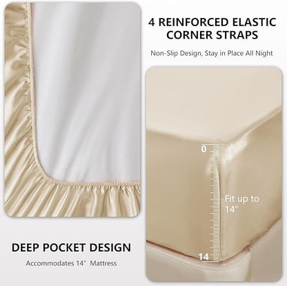 CozyLux Satin Sheets Full Size Sheets - 6 Piece Silky Full Size Bed Sheets, Luxury Champagne Full Bed Set with Smooth and Soft Microfiber, Includes 1 Fitted Sheet, 1 Flat Sheet and 4 Pillowcases