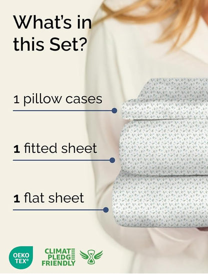 Floral Sheets - Flower Print Bed Sheet Set - 1 Flat, 1 Fitted & 1 Pillowcase w/ Deep Pockets - Comfy, Cozy, Wrinkle & Fade Free - Boho Botanical Bedding - Soft, Breathable & Cooling - Twin XL Size Set