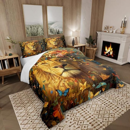 Castle Fairy Wild Lion Bedding Set King Size Spring Flowers Comforter for Child Toddler Teens African Lion Animal Down Comforter Watercolor Butterfly Duvet Insert Bedroom Decor with 2 Pillowcases