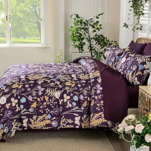 Full Size Comforter Set, Dark Purple Floral Bedding Comforter Set 7 Piece