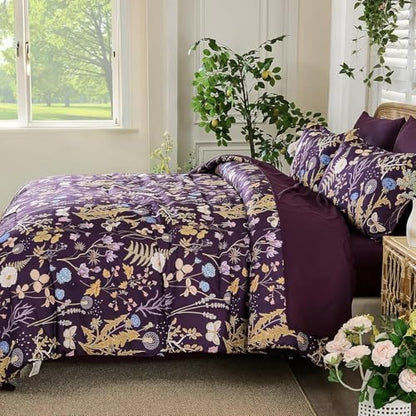 Full Size Comforter Set, Dark Purple Floral Bedding Comforter Set 7 Piece