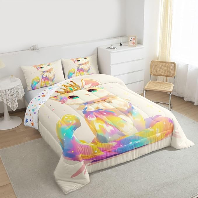 Erosebridal 3D Anime Cat Bedding for Animal Lovers Cartoon Lovely Cat Comforter Set Full, Kawaii Colorful Cat Bedding Comforter Sets for Girls Boys Kids Cartoon Gifts Decor for Bedroom